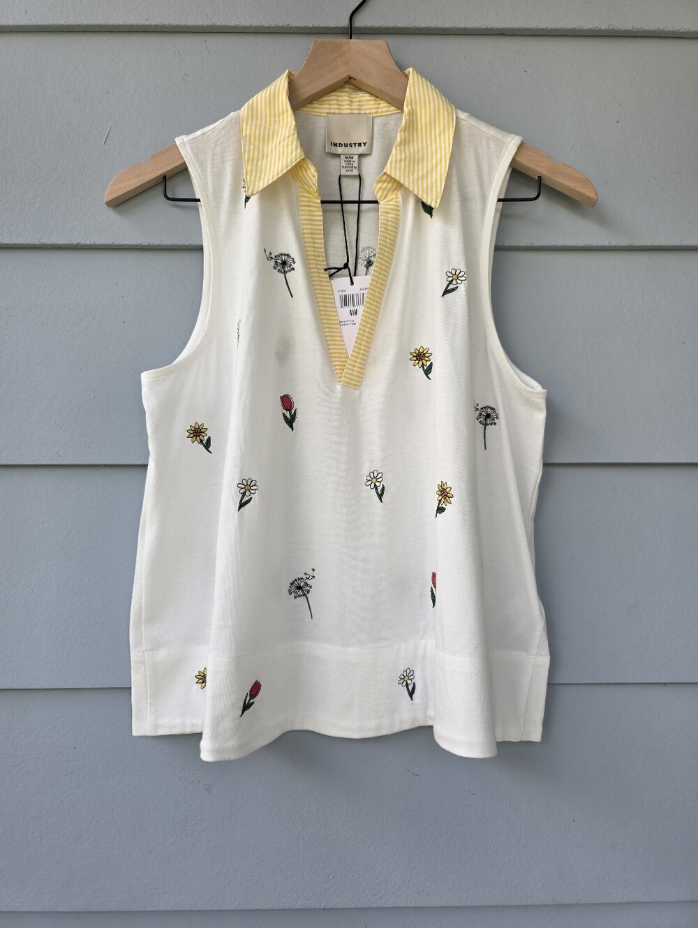 INDUSTRY Women's M White Yellow Sleeveless Collared Knit Cotton Floral Polo